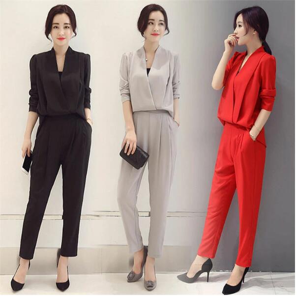 送料無料 パンツスーツ レディース おしゃれ 入学式 入園式 ママスーツ パンツ Vネック 卒園式 卒業式 スーツ レディーススーツ 韓国風 オールインワン レディース カジュアル 春 ブラック レディース 面接 OL 通勤S M L XL XXL ブラック グレー ネイビー 40代 50代