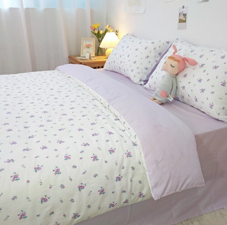 送料無料寝具カバーセット 掛け布団カバー 布団カバーセット フラットシーツ/ボックスシーツ韓国風 防菌防カビ 洗える 四季通用 3/4点セット シングル セミダブル ダブル 枕カバー 肌触り良い 柔らか 吸湿 通気 綿100% 切り替え パープル ホワイト 1.2m/1.5m/1.8m/2.0m