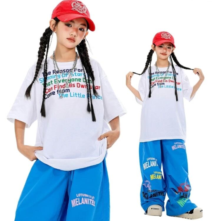 送料無料 キッズダンス衣装 白 青 Tシャツ カーゴパンツ キッズ ダンス 衣装 セットアップ 女の子 男の..