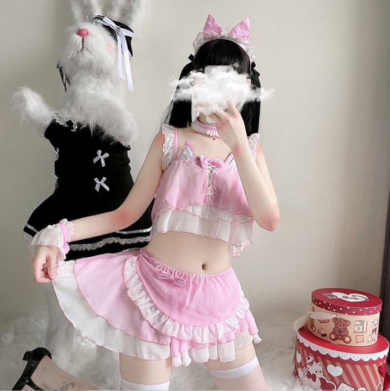 送料無料 コスプレ セクシー 衣装 メイド メイド服 ランジェリー コスプレ衣装 メイド服コスプレ コスチューム セクシーメイド服コスプレ メイド セクシー衣装 大人 透け シースルー ベビードール ピンク 猫の耳 エプロン レース チョーカー