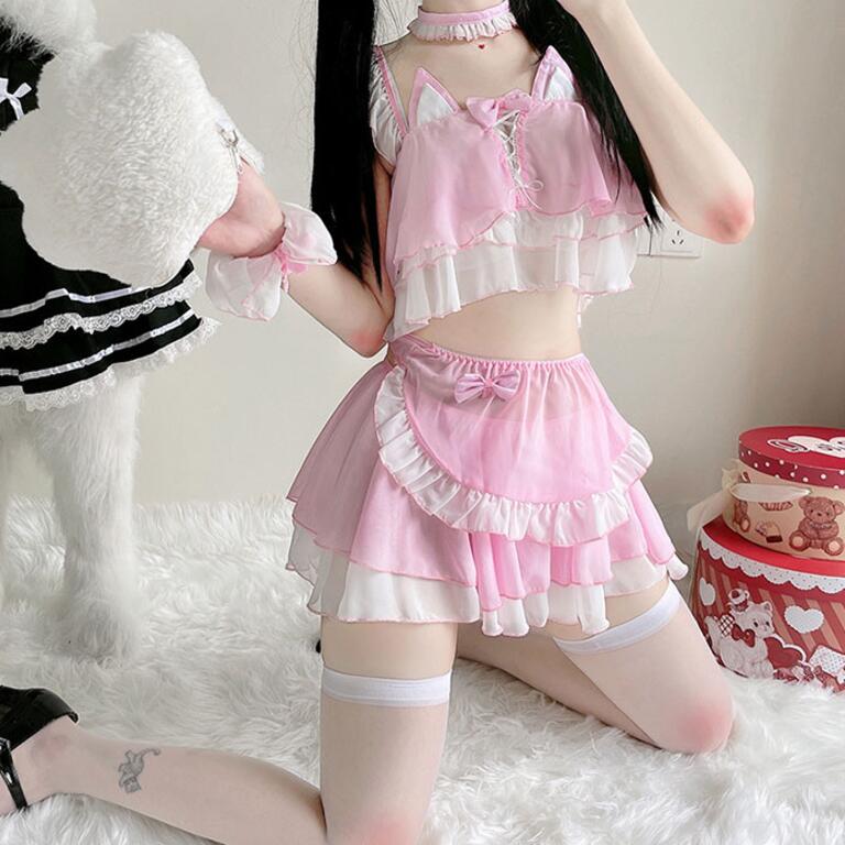 送料無料 コスプレ セクシー 衣装 メイド メイド服 ランジェリー コスプレ衣装 メイド服コスプレ コスチューム セクシーメイド服コスプレ メイド セクシー衣装 大人 透け シースルー ベビードール ピンク 猫の耳 エプロン レース チョーカー
