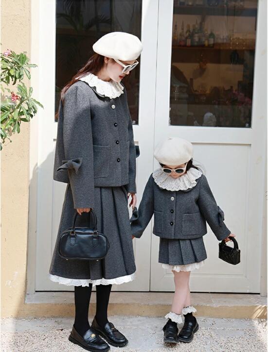 送料無料 韓国風 親子 ペアルック セットアップ 卒業式 スーツ 女の子 卒服 入学式 可愛い ママと娘 お揃い グレー ジャケット 長袖 厚手 あったか 秋冬...