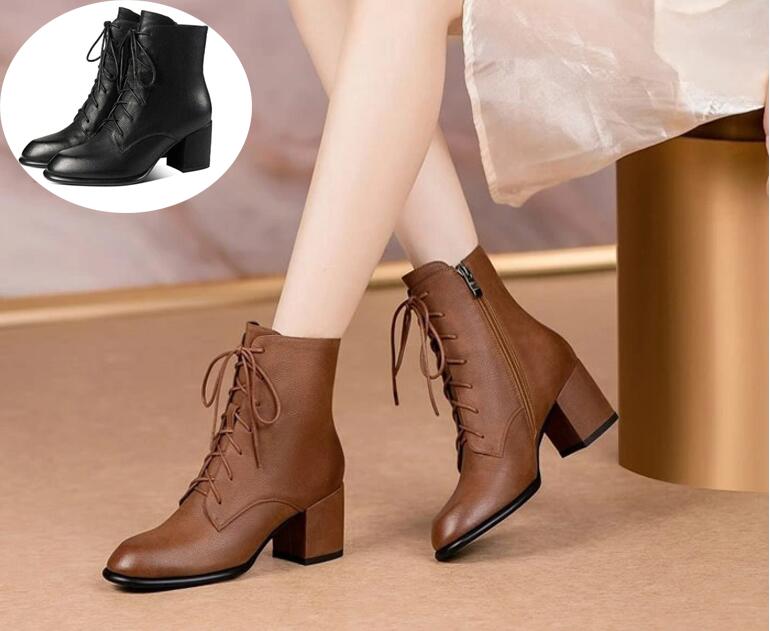 送料無料 ショートブーツ ヒール6cm レースアップ レディース 編み上げブーツ 黒 ブーツ ショート ブラウン 22.5-25.5レースアップブーツ 靴 ハイカット ミドルブーツ