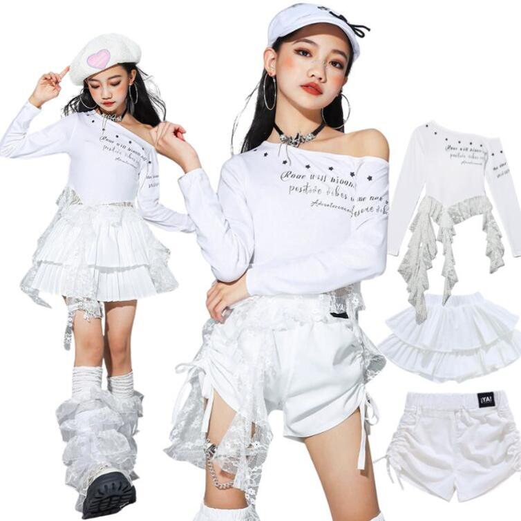 送料無料 キッズ ダンス 衣装 スカート 白 女の子 セットアップ レース 白 ヒップホップ Kpop 韓国 ワ..