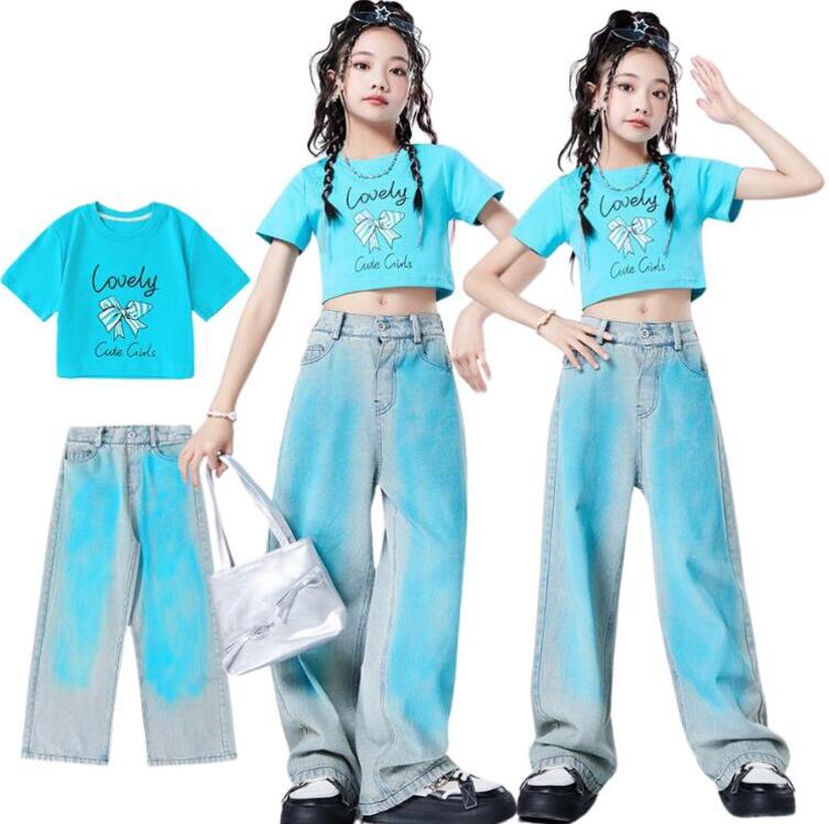送料無料 セットアップ 女の子 キッズダンス へそ出し イラスト 半袖 Tシャツ デニムパンツ パンツ へ..