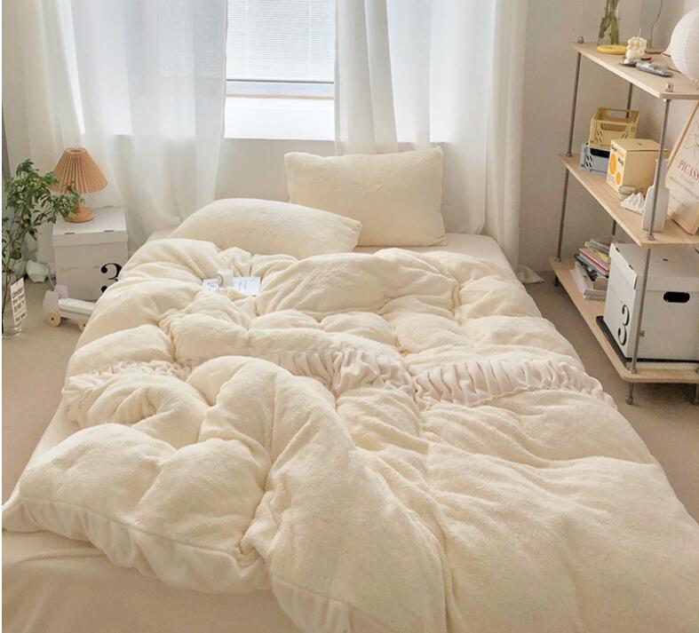 韓国風【送料無料】布団カバー 4点セット 可愛い 姫系 もこもこ 寝具カバーセット ダブル フラットシー..