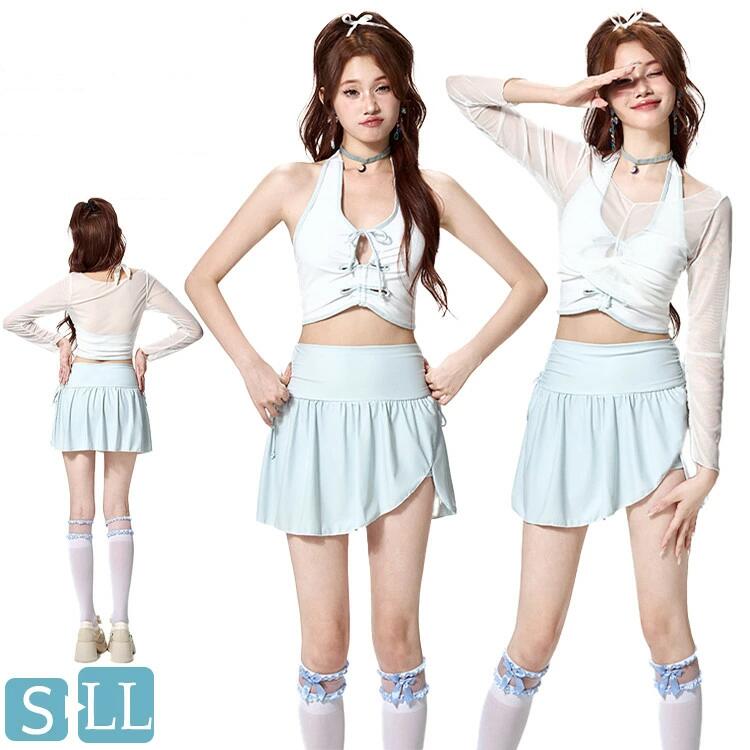 乐天商城 - 送料無料 中学生 高校生 水着 3点セット 露出控え 韓国 セパレート 女性 大学生 タンキニ レディース タンクトップ スカート 長袖 ラッシュガード カバーアップ 日焼け防止 大きいサイズ スイムウェア プール 海 ビーチ 温泉 旅行 ガールズ セットアップ 透け感あり お洒落