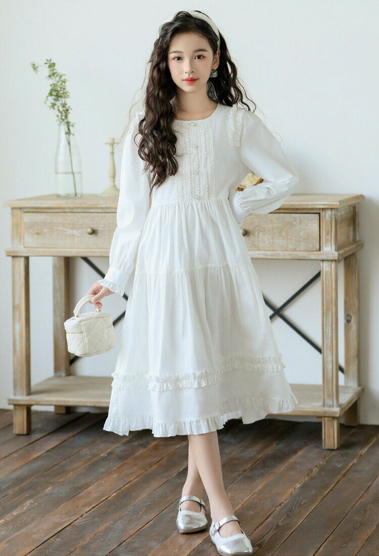送料無料 ティアードワンピース ロングワンピ 白色 長袖 ワンピ 子供服 女の子 キッズ ベビー 子供 キッズ服 春 夏 秋 幼稚園 小学生 中学生 子ども服 ゆったり 韓国 可愛い お姫様 パーティー フォーマル ダンス衣装 保育園 綿 コットン ワンピ 120cm -165cm