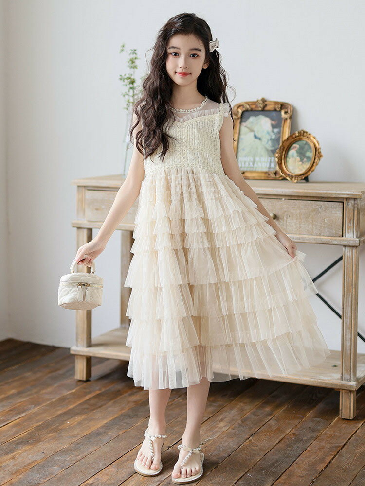 Rakuten - 送料無料 ワンピース 女の子 子供服 キッズ ベージュ チュールスカート 春 夏 秋 ガールズ 幼稚園 小学生 中学生 ジュニア ノースリーブ ゆったり おしゃれ ダンス衣装 韓国 可愛い プレゼント ドレス パーティー フォーマル ピアノ発表会 誕生日 120cm -165cm