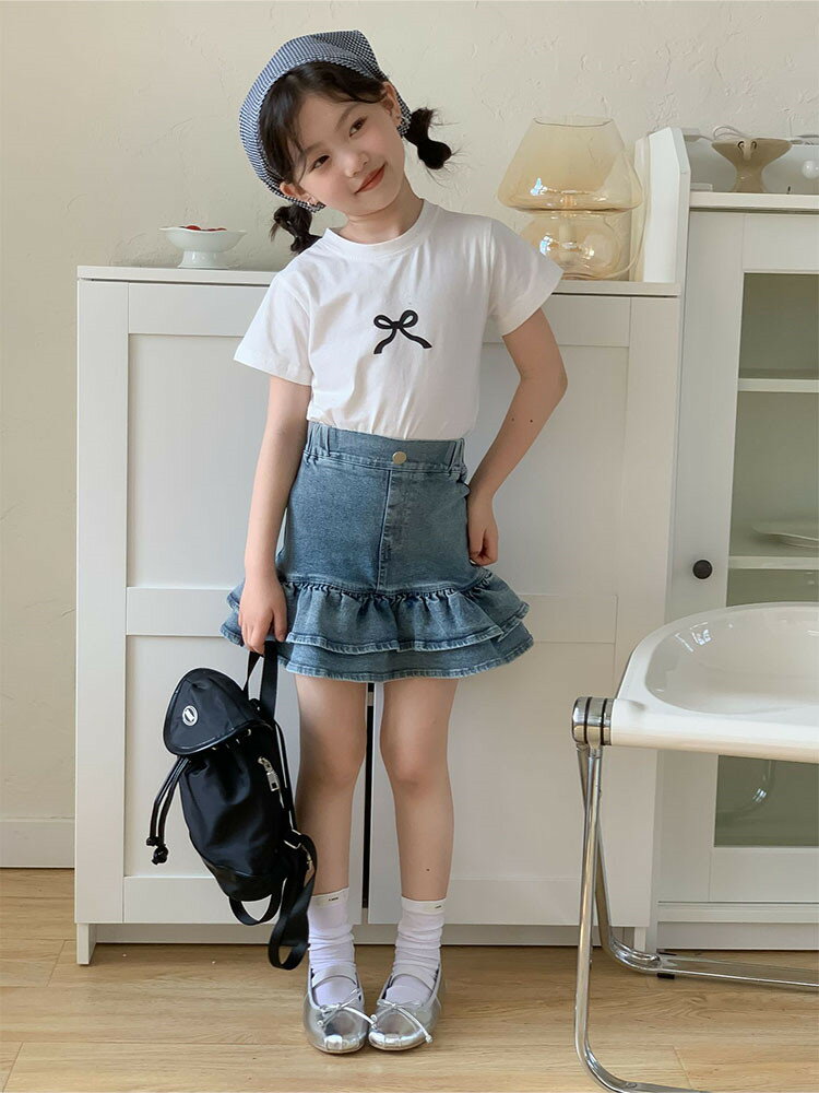 乐天商城 - 送料無料 韓国子供服 Tシャツ デニム スカート キッズ 女の子 子供服 セットアップ ダンス衣装 幼稚園 小学生 中学生 ガールズ ジュニア 半袖 トップス ラッフルスカート おしゃれ 子供 服 可愛い 流行 子ども服 ファッション 春 夏 秋 プレゼント 誕生日 90 -150