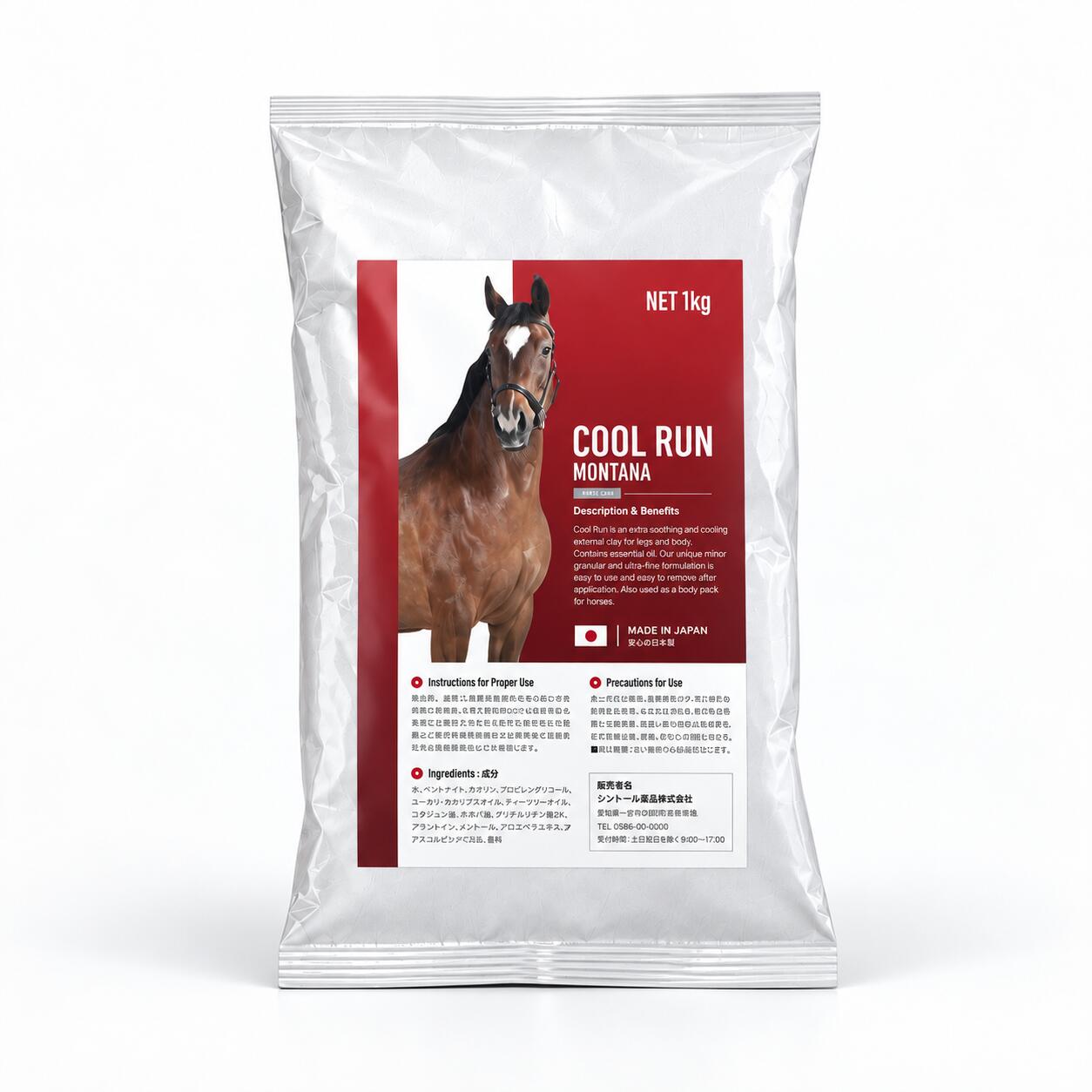 商品情報 商品名COOL RUN MONTANA/クールラン(モンタナ) 内容量1kg袋入 香りユーカリの香り 製造日本 種類鉱物を粘土化したの粘土湿布の一種 区分日本製・雑貨 COOL RUN MONTANA/クールラン(モンタナ)とは？ 競走馬、競技馬、育成馬の脚部の冷却(アイシング)を目的として使用するクレイ(粘土)です。気化熱の原理を活かし、天然成分から抽出された植物オイルとの相乗効果により、冷却性能を向上させ、肢部、関節・腱や蹄底などの発熱を除去します。 全ての原材料を日本産に統一/安心の国内産 50年以上の製造実績があり、粘土湿布では国内最大のシェア率を誇るシントール薬品株式会社の粘土湿布開発チー ムにより、開発された安定性、安全性を兼ね備えた日本産の馬用冷却粘土湿布です。火山列島である日本の火山灰堆積物から採集されたミネラル豊富なホワイトベントナイトです。土壌環境基準を満たした 安全性の高いホワイトベントナイトには、自然治癒能力を向上させるミネラルが多く含まれており、化粧品や医療品としても使用され、優れた吸水性、吸着性で水分と気化熱を利用することにより、熱を吸収する能力が高く、感覚的な冷感ではなく、実際に冷却(体温を下げる)している為、熱を素早く取り除きます。 ●主成分：水、ベントナイト、カオリナイト、プロピレングリコール、ミネラルオイル、メントール、アルニカオイル、アロエベラオイル、キャスターオイル、カレンジュラオイル、ショウガ根茎エキス、メチルパラベン、プロピルパラベン、アルムK(ミョウバン)、香料 ●医療分野でも使用される国内産の「ホワイトベントナイト」 ●転び傷の万能薬と称される「アルニカオイル」 ●メントールの冷感を増強させる「ショウガ根茎エキス」 ※除菌耐熱袋にクレイ(粘土)を梱包しております。 クレイに含まれるその他の成分・・・カルシウム・銅・亜鉛・鉄・マグネシウム・硫黄・マンガン・リン・カリウム・ナトリウム・その他微量ミネラル ※薬品、化学製剤、バクテリアや酵素及び重金属は一切含まれていません。動物性のグルコサミンやコンドロイチン、抽出油や昆虫の分泌物等も一切含まれていませんのでアレルギーや副作用など心配する必要なく安心して利用できます。 使用上の注意 馬の皮膚に炎症、湿疹などの異常がある時の使用はご遠慮ください。使用中や使用後に過剰な刺激等の異常が現れた時は使用を中止し、獣医師へのご相談をおすすめします。ご使用後は、しっかり密封をし、パックの中に水や異物が入らないようにご注意下さい。高温の場所や直射日光を避け、乳幼児の手の届かない所に保管してください。 ※商品の特性上、低温状態で固まったりする事がありますが、品質には特に問題はありません。温かい場所で粘土を練る事で元の柔らかさに戻ります。 ■使用期限 ： 冷暗所に保管の元、開封後は、早めにご使用ください。 ■保証期間 ： パッケージに記載しております「ロット番号」から3ヶ月以内となります。 【一般的表示名】： COOL RUN クールラン MONTANA モンタナ 馬用粘土湿布 粘土湿布 冷却 ベントナイト カオリナイト モンモリトナイト 鉱物 鉱石 粘土 競走馬 競技馬 育成馬 脚部 馬体 蹄底部 競技 レース 日本産HOW TO USE ご使用方法 1.まず適用部分に少量塗り競馬が落ち着くのを待ちます。 2.その後、5-7mmの厚さで適用部分全体に塗布します。 3.5分ほどなじませるようにマッサージをして皮膚に浸透なじませます。 4.ホットタオルやラップで密封して1時間程度浸透させます。 （時間は長く置けれれば置けるほど効果が上がります。） 利用者のアイデアにより、いろいろな使い方がありますが、メーカーが推奨しております使用方法、利用・保管方法を記載します。クールランモンタナは、馬が口にしてもドーピングにならないように天然成分を使用していますので、安心してご利用いただけます。砂や泥をう馬体にこすりつけて皮膚についた寄生虫を落としたり、汗や泥などの汚れを落とす目的で、砂浴びする馬の健康維持本能に合った製品です。 着色料とは一切使用していない為、衣類やラグに付いてもシミにならず、水で簡単に洗い流す事ができます。 HOW TO USE AND STORE ご利用方法 1.使用前にヘラで、簡単にかき混ぜて、粘土を滑らかにしてください。 2.適量を手(軍手使用)、またはヘラで掬い使用してください。(使用方法参照) 3.利用後は水分が蒸発しない様に、蓋をするか密封してください。 4.水分が蒸発してしまった場合は、少し水を垂らしてかき混ぜてください。 ※凍結しない様に保管してください。 全成分 水、ベントナイト、カオリナイト、PG、ミネラルオイル、メントール、オリーブ果実油、アルニカ花エキス、アロエベラ葉エキス、ヒマワリ種子油、ヒマシ油、アーモンド油、トウキンセンカ花エキス、ショウガ根茎エキス、メチルパラベン、プロピルパラベン、アルムK(ミョウバン)、香料 ※薬品、化学製剤、バクテリアや酵素及び重金属は一切含まれていません。動物性のグルコサミンやコンドロイチン、抽出油や昆虫の分泌物、サルチル酸など一切含まれていませんのでアレルギーや副作用など心配する必要なくサラブレッド種は勿論のことクォータホース、ペイントホースやポニー馬でも安心して利用できます。 ホースケアコレクション 馬用粘土湿布 クールランモンタナ(各種類) 粘土 / クレイ 競走馬、競技馬、育成馬の脚部の冷却(アイシング)を目的として使用するクレイ(粘土)です。 気化熱の原理を活かし、調教後、運動後の筋疲労や関節の健康維持、消耗した馬体の健康維持サポートに最適です。天然成分から抽出された植物油との相乗効果により、冷却性能を向上させ、肢部、関節・腱や蹄底などの発熱を除去します。クールランモンタナを塗布した部分はミネラルパックの効果により自然な毛づやや皮膚の状態を維持します。 クールランモンタナは、馬が口にしてもドーピングにならないように天然成分を使用していますので、安心してご利用いただけます 馬用蹄油 フーフオイル 蹄油 / 蹄叉・蹄底・蹄球 競走馬、競技馬、育成馬の蹄のケアを目的として使用する日本産のフーフオイル(液体)です。 蹄壁やツグミの崩壊から保護します。菌洗力が強くグルーミングすることで蹄に栄養素を補給し、弾力性を与えます。健康的に成長させ長期にわたり美しい輝きを保持します。 蹄油を塗る前に水洗い汚れを完全に取り除き、十分に乾かした後に縫ってください。 キャップに付いているハケで適量を蹄全体（蹄叉・蹄底・蹄球）に塗ってください。蹄を清潔に保ち、乾燥や温潤を防ぎます。 また、厚く塗ると数日間効果が持続します。