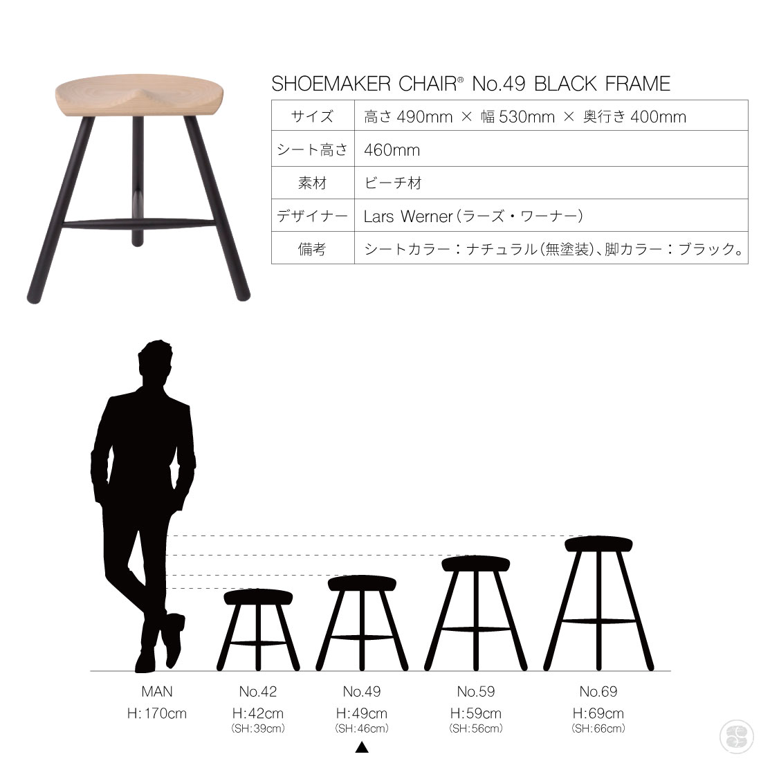 WERNER SHOEMAKER CHAIR NO.49 BLACK FRAME Lars Werner Chair Stool ワーナー シューメーカーチェア ブラックフレーム ラーズ・ワーナー チェア スツール 椅子 [2]