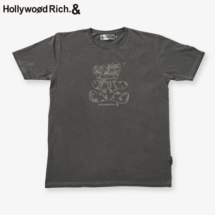 半袖Tシャツ 染めTシャツ 染めT メンズ おしゃれ かっこいい クマ くま ベア ピグメント染め パンクベア ワッペン トップス 綿100% グレー ベージュ 黒 ブラック M L クルーネック Hollywood Rich.& ハリウッドリッチ ユニセックス 夏服 メンズファッション