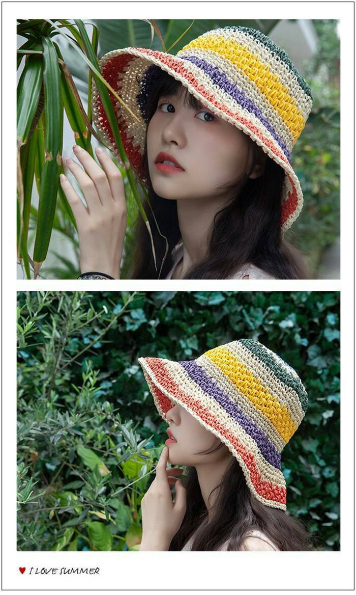 バケット ハット 麦わら 帽子 レディース つば広 UVカット レインボー 折りたたみ 日よけ帽子 日除け帽子 小顔効果 バイザー UPF50+ 紫外線対策 日焼け防止 56-58cm 調節可能 リゾート ビーチ 旅行 プレゼント