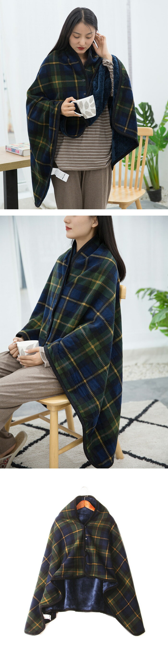 ブランケット ショール 大判 もこもこ毛布 ひざ掛け 肩掛け 着る毛布 ボタン付き ストール ファー ポンチョ 裏起毛 防寒 膝かけ あったか ふんわり チェック あったか 防寒対策 厚手 洗える コンパクト ハーフ [3]