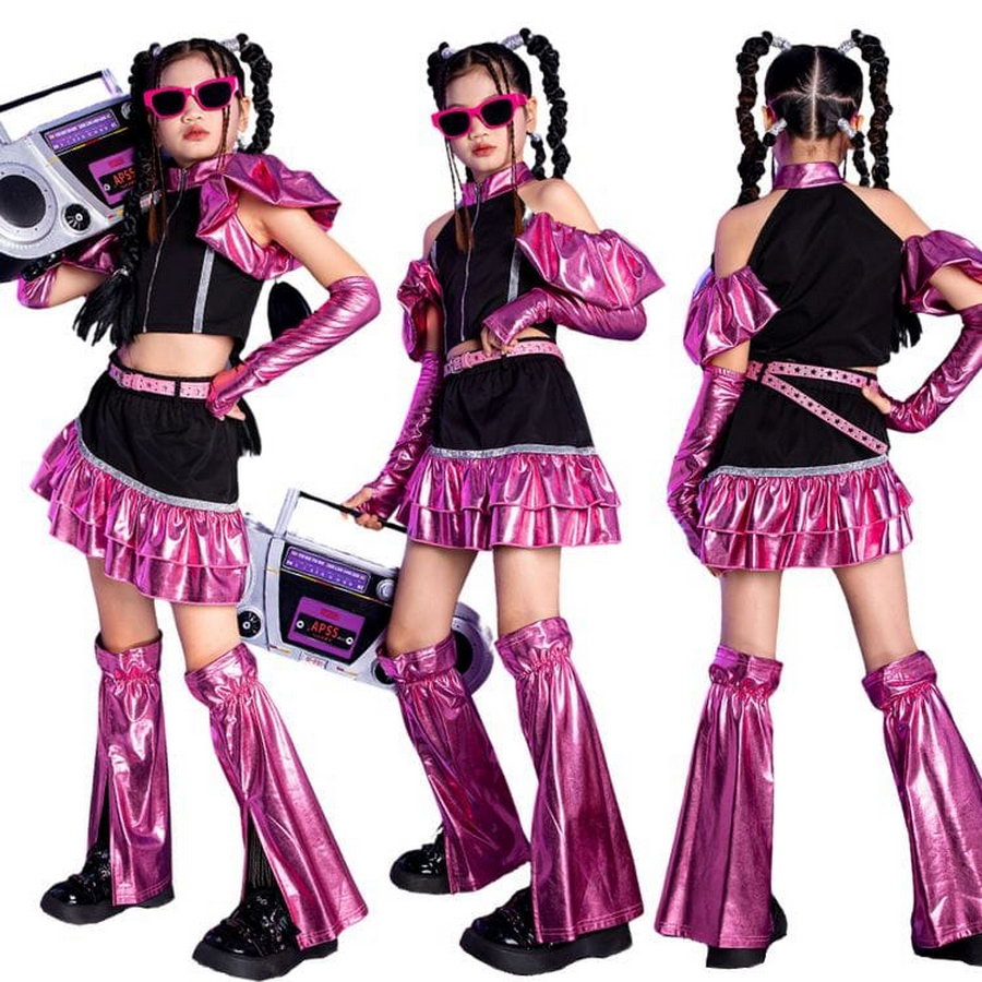 楽天ShinySelectキッズ ダンス 女の子 キラキラ ピンク 長袖 トップス スカート 袖カバー レッグウォーマー かっこいい へそ出し セットアップ　宿系 Y2K k-pop ヒップホップ 可愛い カッコイイ おしゃれ ステージ衣装 チーム 発表会 JAZZ ジュニア