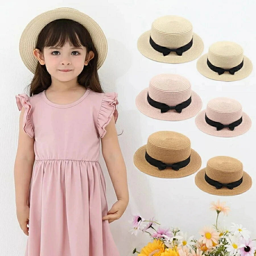 【大人気商品】リボン付きカンカン帽 キッズ用 子供用 大人用 お揃い こども服 子ども服 春夏 シンプル..