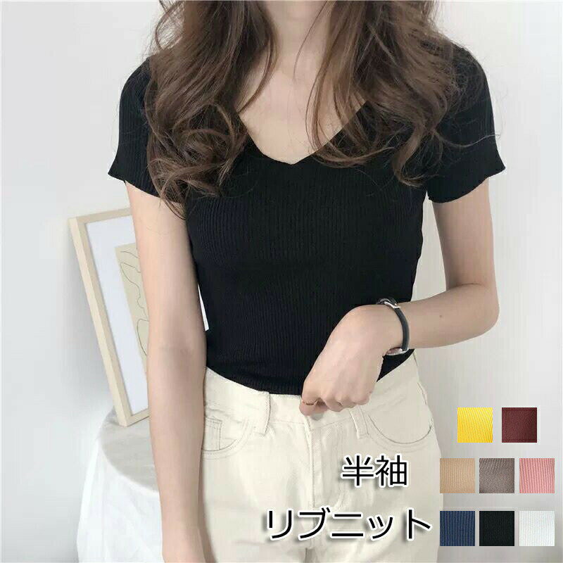 半袖ニット リブニット レディース 春トップス 小柄 細見え レディース リブキャミ サマーニット ノー..