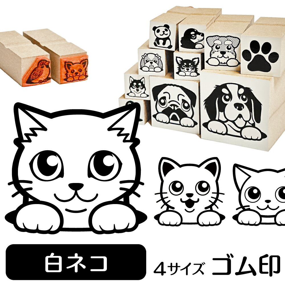 白ネコ イラスト ゴム印【角印 16mm 油性インク 対応】かわいい 猫 ネコ 動物 雑貨 グッズ ハンコ スタンプ 可愛い プレゼント ギフト 贈り物 買い回り ポイント消化 オリジナル オーダーメイド