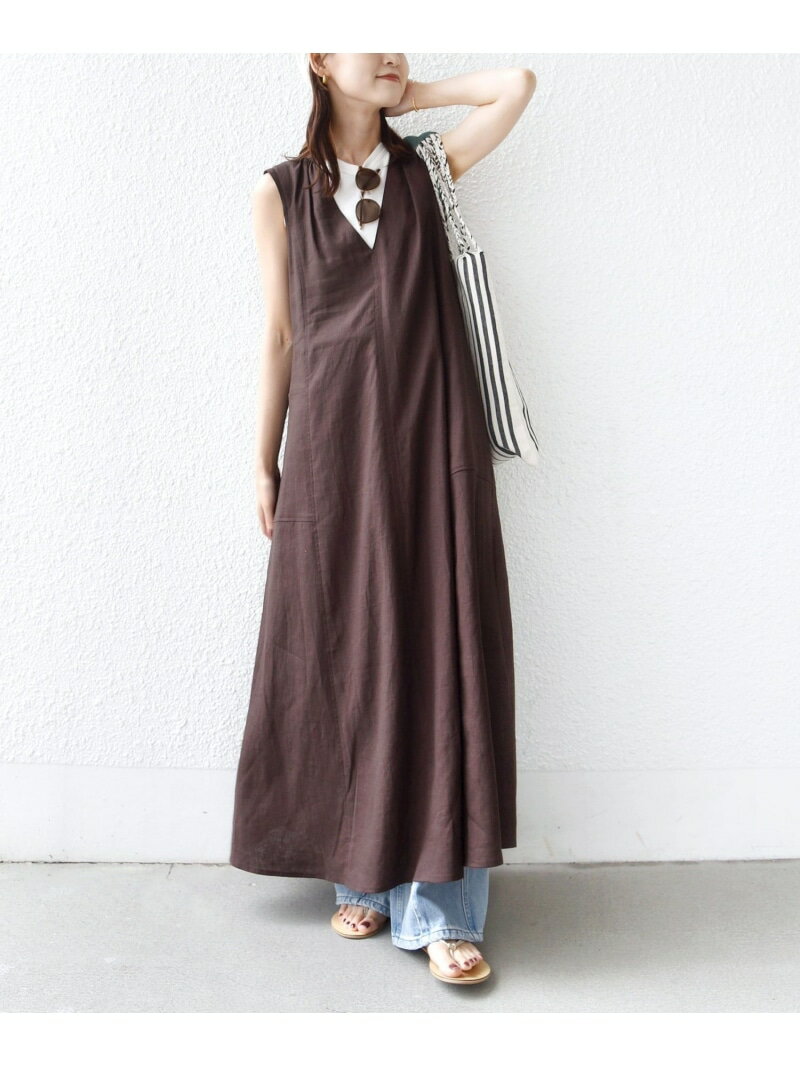 Rakuten - 《予約》【WEB限定】＜手洗い可能＞レーヨン 麻 ステッチ デザイン Vネック ワンピース SHIPS WOMEN シップス ワンピース・ドレス ワンピース ブルー ブラウン ブラック【先行予約】*【送料無料】[Rakuten Fashion]