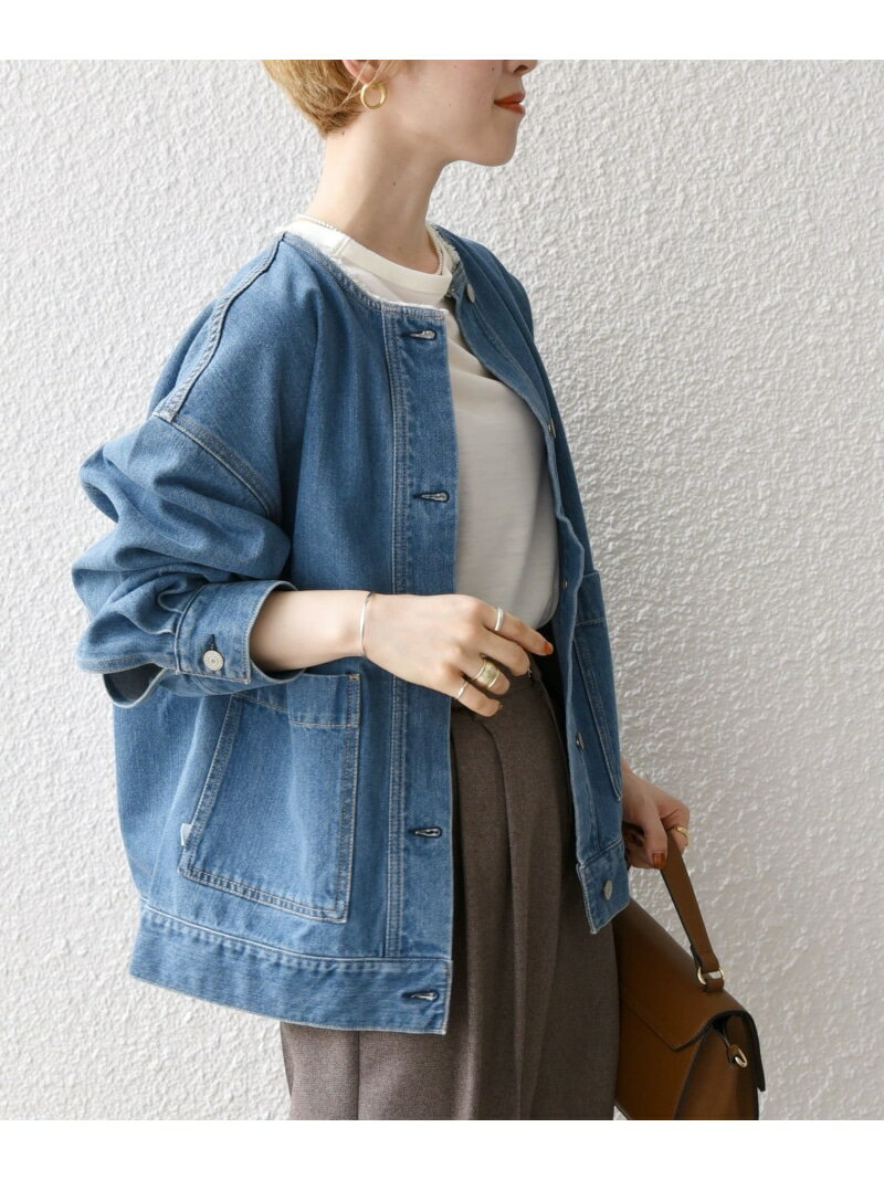 《一部追加予約》SHIPS any: ノーカラー デニム ブルゾン[SHIPS any DENIM] SHIPS any シップス ジャケット・アウター デニムジャケット ブルー ネイビー ホワイト【先行予約】*【送料無料】[R…