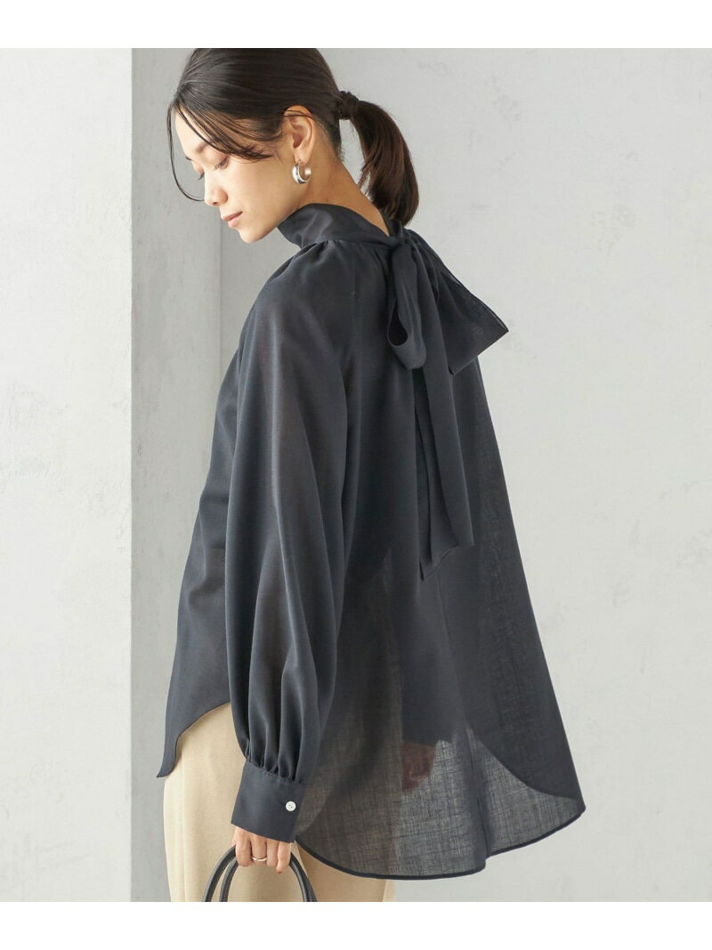 ＜手洗い可能＞ウール混 シアー ボイル リボン ブラウス SHIPS WOMEN シップス トップス シャツ・ブラウス グレー ネイビー【送料無料】[Rakuten Fashion]