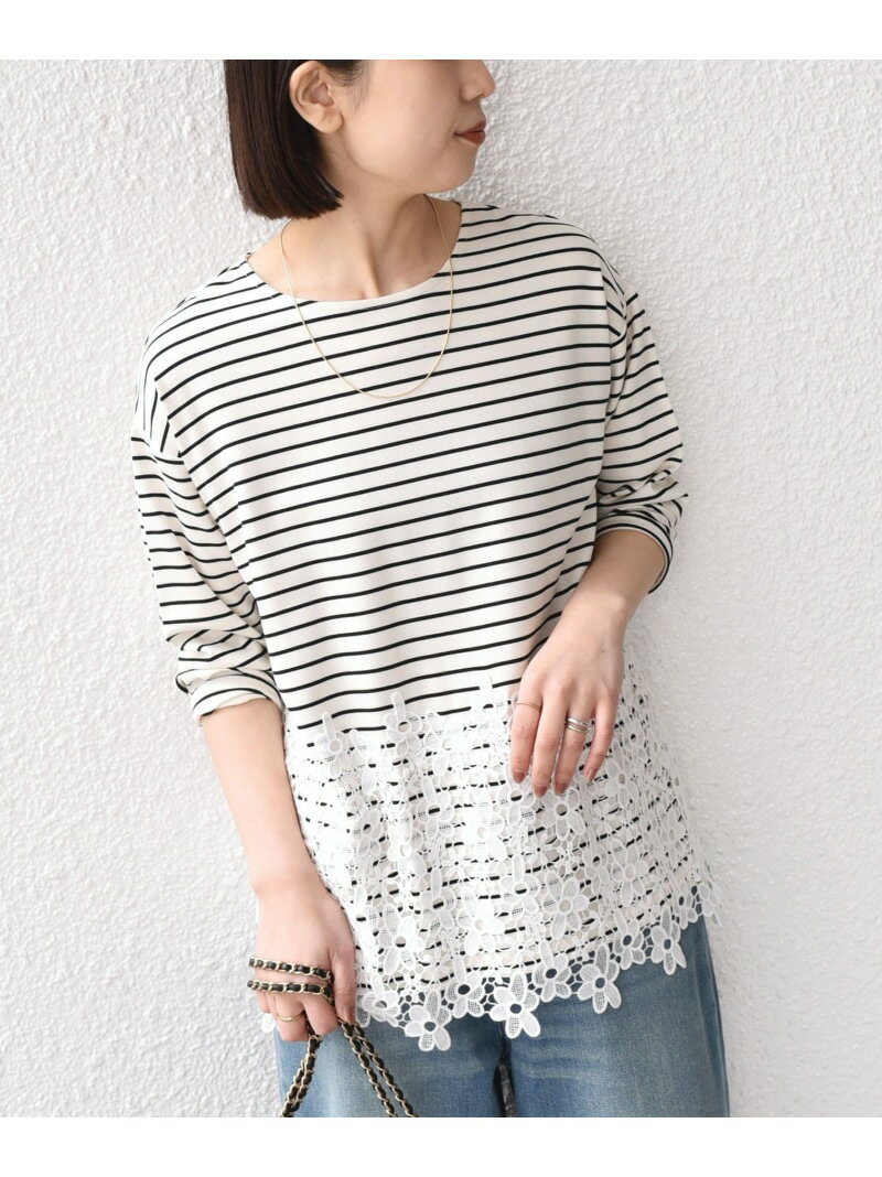 SHIPS Colors:＜手洗い可能＞ポンチ レース コンビ ボーダートップス SHIPS Colors シップス トップス カットソー・Tシャツ ブラック【送料無料】[Rakuten Fashion]