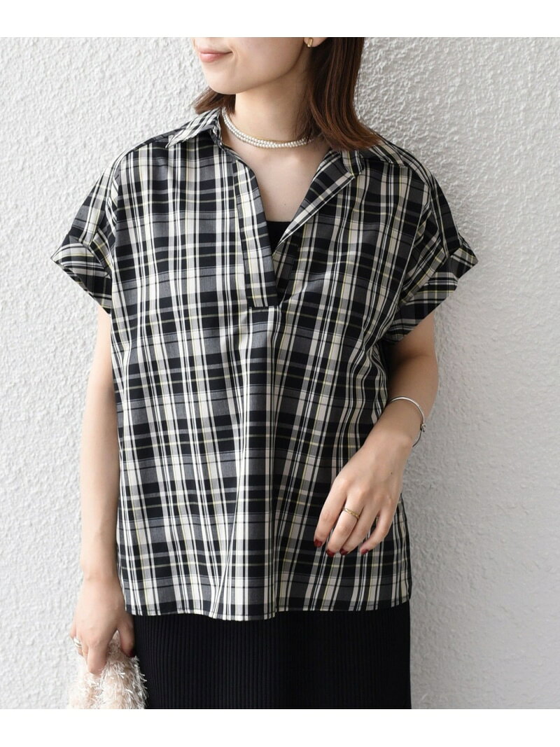 innowave:＜手洗い可能＞TC チェック スキッパー フレンチスリーブ ブラウス SHIPS Colors シップス トップス シャツ・ブラウス グレー ブラウン ブラック オレンジ