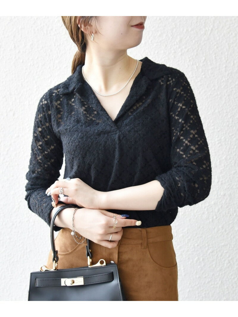 SHIPS any:＜手洗い可能＞起毛 レース 開襟 スキッパー プルオーバー SHIPS any シップス トップス カットソー・Tシャツ ブラック ベージュ【送料無料】[Rakuten Fashion]のサムネイル