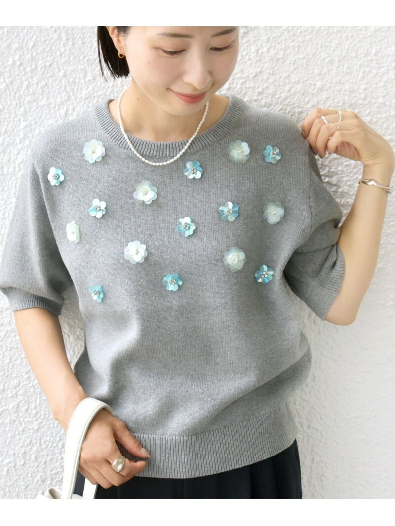 ＜手洗い可能＞フラワー ビジュー ショート スリーブ ニット プルオーバー SHIPS WOMEN シップス トップス ニット ネイビー グレー【送料無料】[Rakuten Fashion]のサムネイル