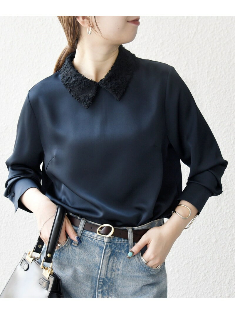 《追加予約》SHIPS any:＜洗濯機可能＞サテン レースカラー ブラウス SHIPS any シップス トップス シャツ・ブラウス ネイビー ホワイト【先行予約】*【送料無料】[Rakuten Fashion]のサムネイル