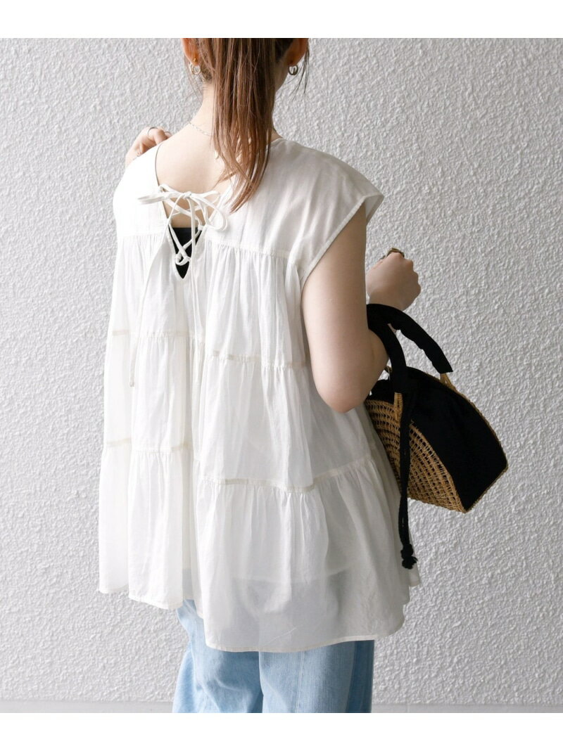 【SALE／40%OFF】SHIPS any:＜手洗い可能＞箔 ティアード レースアップ フレンチスリーブ ブラウス SHIPS any シップス トップス シャツ・ブラウス グレー ホワイト【RBA_E】【送料無料】[Rakuten Fashion]のサムネイル