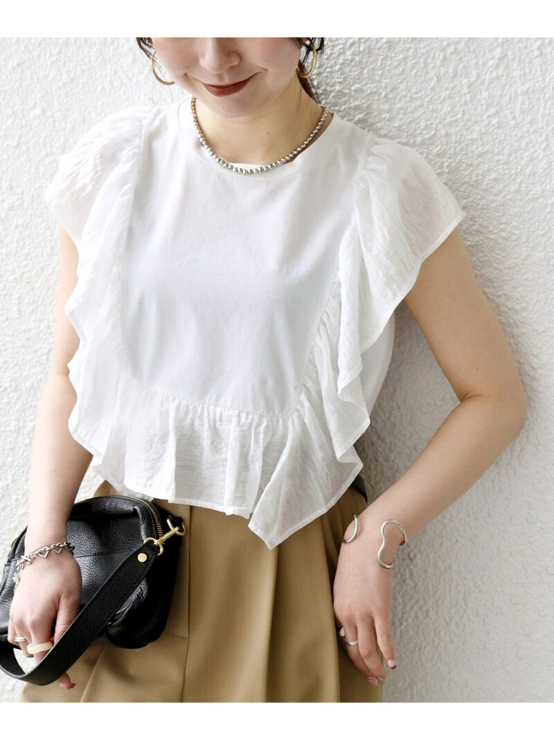 乐天商城 - SHIPS any:＜洗濯機可能＞フリル コンビ ノースリーブ TEE SHIPS any シップス トップス カットソー・Tシャツ ホワイト ブラック【送料無料】[Rakuten Fashion]