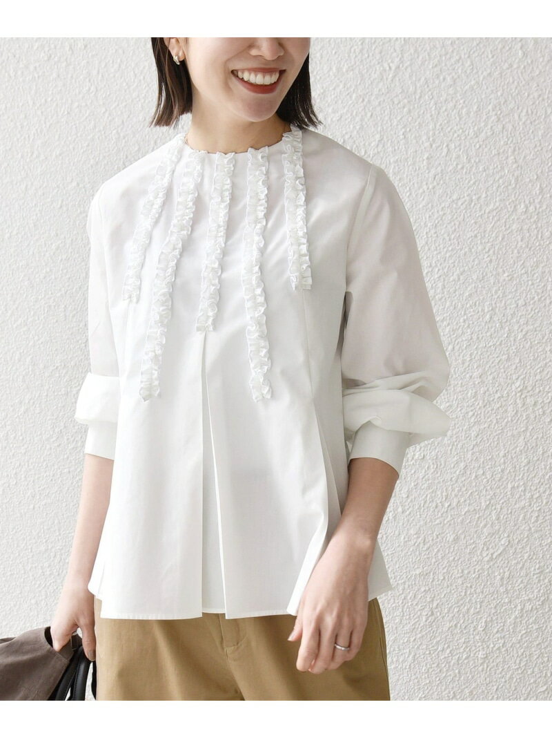 SHIPS any:＜洗濯機可能＞REPREVE フリル クルーネック Aライン ブラウス SHIPS any シップス トップス シャツ・ブラウス ホワイト ネイビー【送料無料】[Rakuten Fashion]