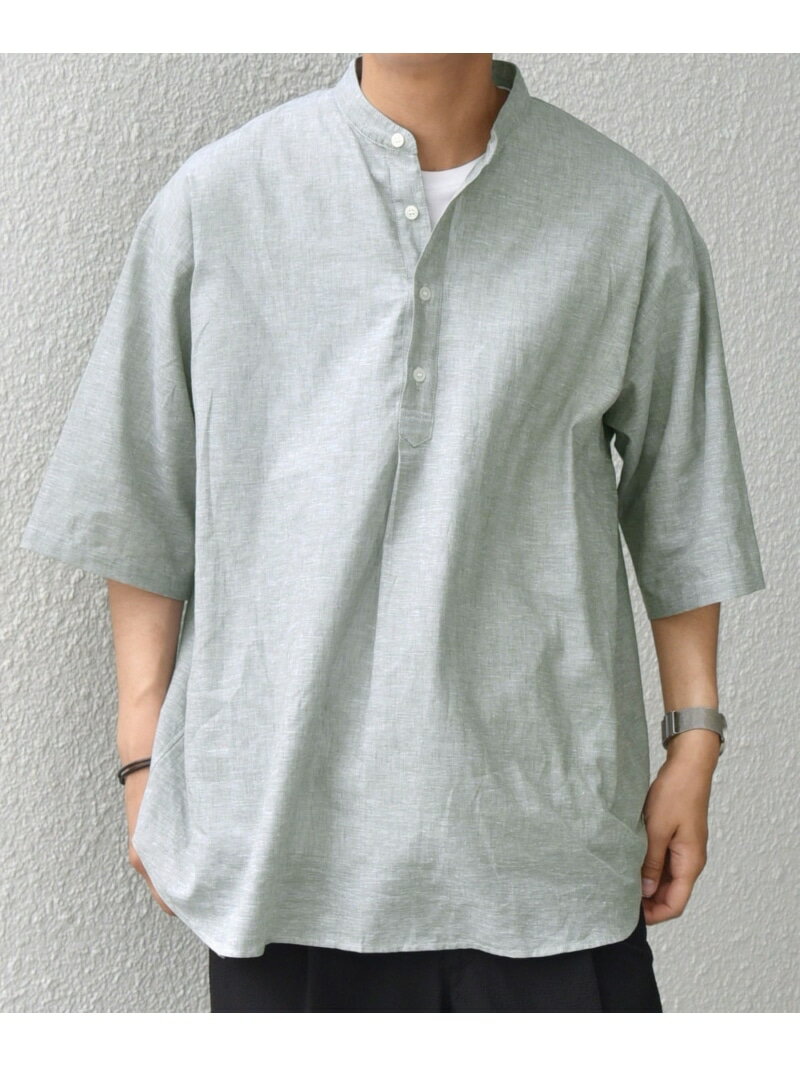 Rakuten - SHIPS any: コットン/リネン バンド スキッパー ハーフスリーブ シャツ◇ SHIPS any シップス トップス シャツ・ブラウス ネイビー グリーン ベージュ【送料無料】[Rakuten Fashion]