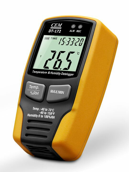 CEM  DT-172 温湿度データロガー 大容量メモリ USBインターフェース サンプリング アラーム機能 LED表示 データ分析 分析ソフトウェア LCDディスプレイ 温湿度測定 アラーム機能 一年保証