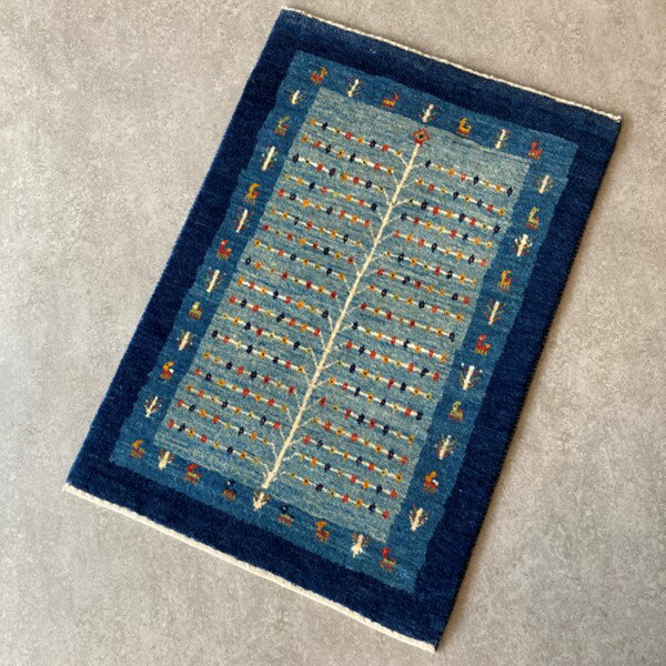 ギャッベ　ギャベ　玄関マット　91×62　手織り　ブルー　生命の樹　イラン製　おしゃれ　北欧