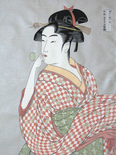 日本製　海外向け　おみやげ　日本風呂敷　浮世絵風呂敷ちりめん友禅　ビードロを吹く女