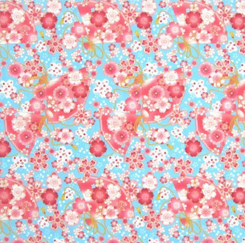 日本製　和風布物(綿チーフ)小風呂敷　和柄はんかち　ハンカチ日本柄　桜扇　水色