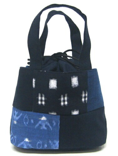 日本製　福岡県伝統工芸品久留米絣バッグ　和柄　手織りパッチ手提げバック　青色
