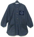 日本製　久留米織　和柄　和調　絣飾り上っ張り　エプロン　割烹着前開きブラウス　スモック　文人柄　紺色