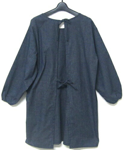 日本製　久留米織　和柄　手織り絣飾り上っ張り　かっぽう着　割烹着後ろ結び　綿100％　文人柄　紺色 2