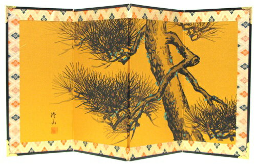 和雑貨　和風インテリア海外向け　おみやげ四曲利久屏風　松図