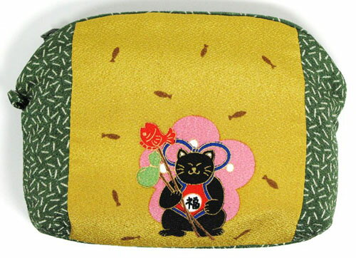 日本製 和風小物 縮緬(ちりめん)和柄 福猫ポーチ 懐かし屋小物入れ 緑茶色 日本製 和風小物 縮緬(ちりめん)和柄 福猫ポーチ 懐かし屋小物入れ 緑茶色