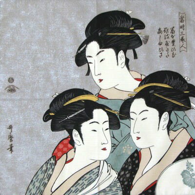 日本のお土産和柄ハンカチ　海外おみやげ浮世絵はんかち喜多川歌麿　寛政三人美人