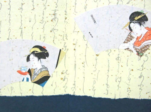 和雑貨 和風インテリア海外向け おみやげ二曲屏風 浮世絵図 青色茶と文 [2]