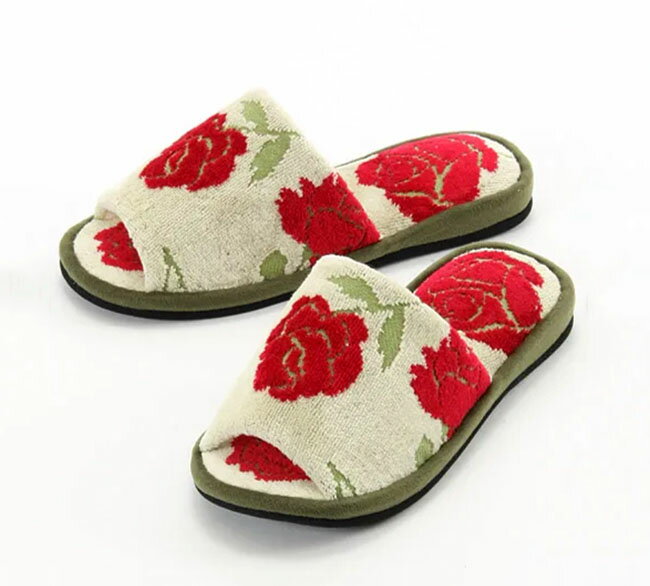 【3,980円(税込)以上お買上げで送料無料】【即納可!!】再入荷しました♪日本製 新フォルテ スリッパ バラ柄 ベージュ ルームシューズ 履物 部屋履き 前あきスリッパ ジャガード織 タオル地 花柄 おしゃれ