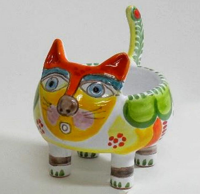 イタリア製　シチリア陶器　小物入れ　ネコ　グリーンスザンナ・デ・シモーネ　ねこ　猫　キャットインテリア雑貨　ハンドメイド