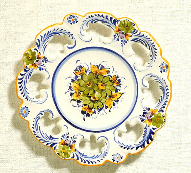【送料無料】ポルトガル製 アルコバッサ 絵皿 イエロー手書き絵皿 飾り皿 花柄 Φ26cm