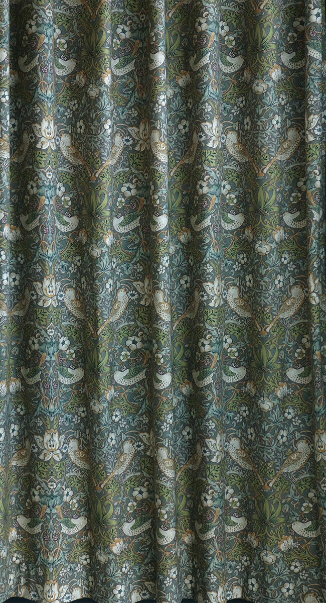 【1.5倍ヒダ】 オーダー　カーテン 【送料無料】 高級 スペイン製　ヴィバルディ　GR　鳥柄『ウィリアムモリス　いちご泥棒』グリーン　緑　新築　マンション　かけ替え　掛替